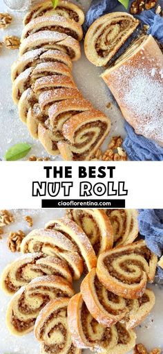 the best nut roll recipe is made with cinnamon rolls, walnuts and powdered sugar