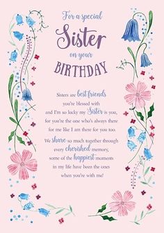 a pink birthday card with blue and pink flowers on the border, says for a special sister on your birthday