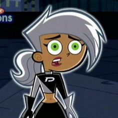 an animated girl with green eyes and white hair standing in front of a street sign