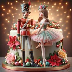 a cake with a nutcracker and a girl in a dress