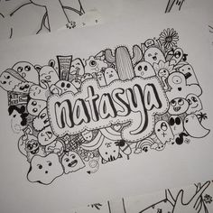 the word metasya is surrounded by doodles and other cartoonish objects in black and white