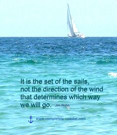 a sailboat sailing in the ocean with a quote about it saying it is the set of the sails, not the direction of the wind that determines which way we will go