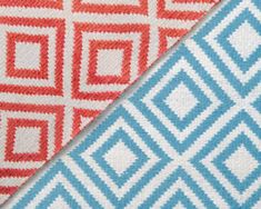 two different colors of fabric, one red and the other blue with white squares on it