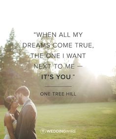 a bride and groom kissing in front of the sun on their wedding day with a quote from one tree hill