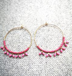 gilded brass creole earrings, embellished with fine Japanese Miyuki rose glass beads, and rose enameled spikes. Diameter of the Creole: 3 cm Nickel free warranty. Jewel delivered in gift pouch. Sending neat by mail tracking Pink Hoop Earrings With Tiny Beads As Gift, Pink Hoop Earrings With Tiny Beads For Gift, Pink Hoop Beaded Earrings For Festival, Nickel-free Pink Beaded Hoop Earrings, Pink Metal Jewelry With Dangling Beads, Pink Tiny Beads Hoop Earrings, Pink Hoop Beaded Earrings With Tiny Beads, Pink Beaded Hoop Jewelry, Pink Small Hoop Jewelry For Festival