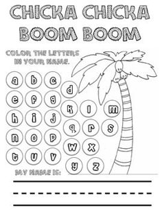 a coloring page with the words boom boom and a palm tree