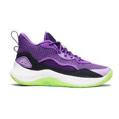 a purple and black sneaker with neon green accents