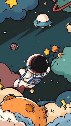 an astronaut floating in the sky with stars and planets