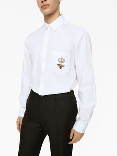 Dolce & Gabbana logo-embroidered Cotton Shirt - Farfetch Luxury Long Sleeve Dress Shirt With Button Closure, White Long Sleeve Luxury Dress Shirt, Luxury Long Sleeve Cotton Dress Shirt, Luxury Cotton Long Sleeve Dress Shirt, Luxury White Long Sleeve Dress Shirt, Designer Button-up Shirt With Pockets, Designer Long Sleeve Cotton Dress Shirt, White Long Sleeve Shirt With Embroidered Logo, Designer Long Sleeve Embroidered Shirt