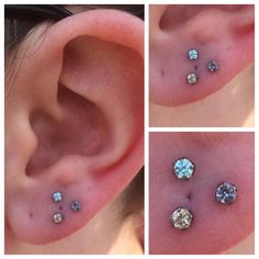 three pictures of different types of piercings on someone's ear, including one in the middle