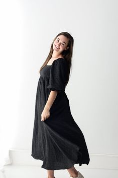 Textured black maxi dress with square neckline from Favorite Daughters Black Flowy Cotton Dress, Modest Black Flowy Maxi Dress, Black V-neck Maxi Dress, Feminine Style, Black Flowy V-neck Maxi Dress, Flowy Black Maxi Dress With V-neck, Textured Maxi Dress, Peasant Sleeve, Black Maxi, Favorite Daughter