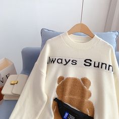 Style: commuting Size: one size Color: black, off white Cute Japanese Sweater, Black And White Bear Sweater, Black Harajuku Crew Neck Sweatshirt, Harajuku Crew Neck Sweater With Cartoon Print, Brown Bear Sweater, Bear Sweater, Graphic Sweatshirt, Sweaters For Women, Off White