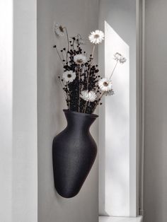 a black vase filled with white flowers sitting on top of a wall next to a window