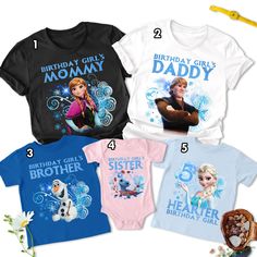 Personalized Snow Queen Birthday Matching Shirt, Customized Animated Characters Birthday T-Shirt, Princess Birthday Theme, Party Outfit RE LS3733  Welcome to my store! I will help you to have a good shopping experience as much as I can. If you have any request please feel free to message me. I will reply as soon as possible. I have listed some information to help you below: HOW TO ORDER? : Choose the color and size you want. If available, enter the customization information in the text box. Clic Themed Pink Tops For Birthday, Short Sleeve Tops With Character Print For Birthday Gift, Cartoon Print Short Sleeve Tops For Birthday Gift, Cartoon Print Short Sleeve Top For Birthday, Themed Custom Print Tops For Birthday, Themed Character Print Birthday Tops, Themed Custom Print Birthday Top, Themed Graphic Print Top For Birthday, Themed Birthday Crew Neck Top