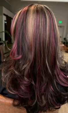 Maroon Hair Streaks, Trendy Haircolor2024, Brown Hair Colors With Highlights Curly, Dark Hair With Dark Purple Highlights, Whimsigoth Hair Dye, Red Purple Hair Highlights, Brown Hair Color Ideas For Fall, Blue Color Hair Highlights