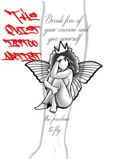 a drawing of a fairy sitting on top of a person's leg with words above it