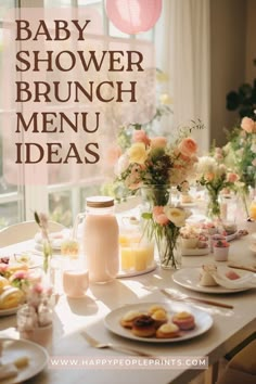 a baby shower brunch menu is displayed on a table with flowers and candles