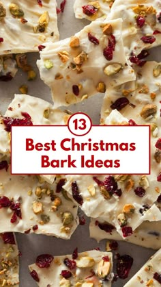 A festive display of white chocolate bark topped with pistachios, dried cranberries, and other nuts, creating a colorful and delicious holiday treat. This Christmas bark recipe is a perfect blend of sweet and nutty flavors, ideal for gifting, snacking, or holiday parties. Easy-to-make and visually stunning, it’s a must-try Christmas dessert idea. Autumn Bark Recipes, Reeses Bark Recipes, Vanilla Bark Recipes Christmas, Christmas Snacks Gifts Homemade, Simple Christmas Treats For Gifts, Holiday Snack Gifts, Best Christmas Bark Recipes, Christmas Bark Gift, Almond Bark Christmas Recipes