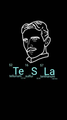 the logo for te s la is shown on a black background with white letters and a man's face