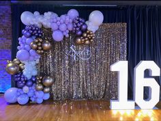 Sweet 16 balloon decor! Purple, white and gold balloons!🎈✨ Purple Black And Gold Sweet 16, Purple Gold Sweet 16, 16 Birthday Party Ideas Purple And Silver, Purple And Yellow Sweet 16, Royal Purple Sweet 16, Dark Purple Sweet 16 Decorations, Sweet 16 Purple And Blue Theme, Purple And Gold Theme Party, Lavender And Gold Sweet 16