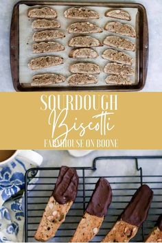 some cookies are on a cooling rack and chocolate is in the foreground with text overlay that says sourdough biscotte