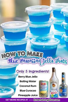 blue jello shots in plastic cups with text how to make blue hawaiian jello shots only 5 ingredients