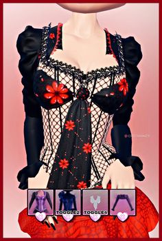 an animated image of a woman in a dress with red flowers on it's chest