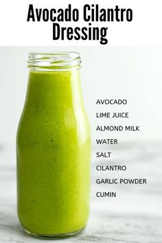 avocado cilantro dressing recipe in a glass jar with the ingredients labeled