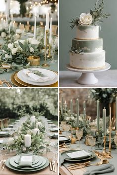 the table is set with candles, plates and napkins for an elegant wedding reception