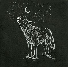 a drawing of a wolf standing in front of the moon