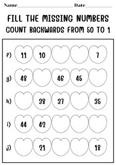 the missing numbers worksheet for valentine's day, with hearts on it