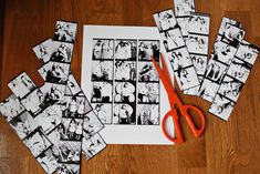 several black and white photos cut into squares with scissors on the floor next to them