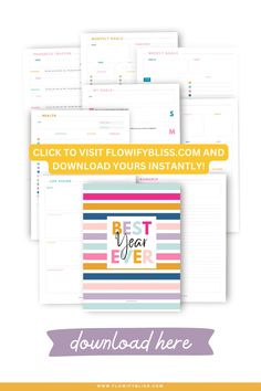 the best year ever printable planner is shown on top of a white background with colorful stripes