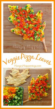 an autumn leaf made out of veggies is shown with the words vegetable pizza leaves