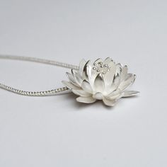 Large Waterlily Necklace with Lily-pad Clasp - Goldmakers Fine Jewelry Metal Flower Jewelry, Water Lily Necklace, Water Lily Jewelry, Lily Necklace, Pendant Ideas, Handmade Silver Jewellery, Whimsical Jewelry, Artfully Designed, Organic Jewelry