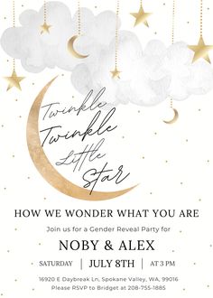 a white and gold birthday party with clouds, stars and the moon in the sky