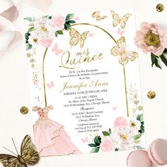 a pink and gold princess birthday party with flowers, butterflies, and confetti