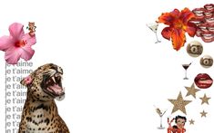 a leopard with its mouth open next to some flowers and other items on the wall