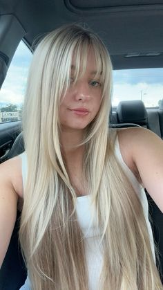 #blonde #layers #highlights #hair #bangs Bangs And Blonde Hair, Wispy Bangs For Long Face, Ashy Blonde Hair With Bangs, Curtain Bangs Blonde Hair Straight, Blonde Hair Long With Bangs, Straight Across Bangs Long Hair Layers, Blonde Hair Full Head Highlights, Flat Blonde Hair, Long Layers With Wispy Curtain Bangs