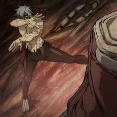 an anime character is standing in front of a rock and holding his arm out to the side