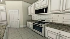 an image of a kitchen setting with white cabinets and granite counter tops on the floor