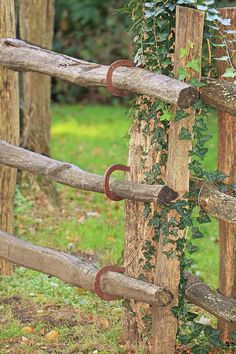 an old wooden fence with vines growing on it and rusted metal bars attached to the posts