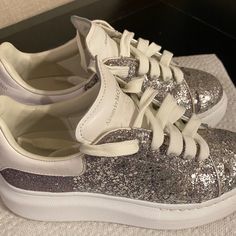 Silver Glitter, Size 2 ( Italian Size 33) Silver Glitter Print Sneakers With Round Toe, Silver Sneakers With Glitter Print And Round Toe, Designer Party Sneakers With Round Toe, Designer Round Toe Sneakers For Party, Shoes Alexander Mcqueen, Mcqueen Shoes, Alexander Mcqueen Shoes, Shoes Color, Silver Glitter