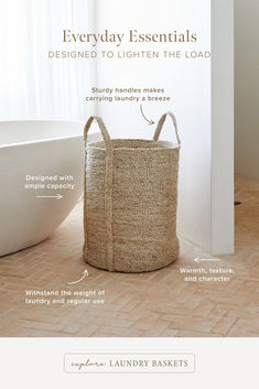 the laundry basket is shown with instructions for how to put it in front of the bathtub