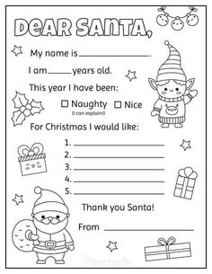 Preschool Christmas Questionnaire, Skip To My Lou Printables, Preschool Santa Letters, Santa List Ideas For Kids, Free Printable Letter To Santa Template, Kids Letter To Santa Printable, Fun Classroom Christmas Activities, Santa Cards For Kids, Christmas Lacing Cards