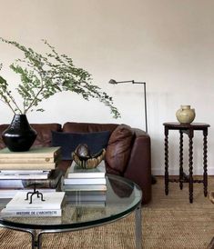 a living room filled with furniture and a glass top coffee table topped with lots of books