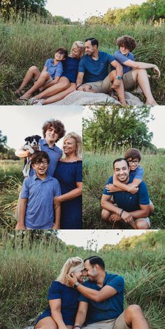 a couple and their son are sitting in the grass with each other while posing for pictures