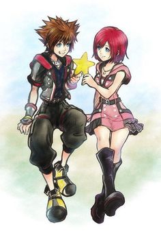 two anime characters standing next to each other with one holding a star in his hand