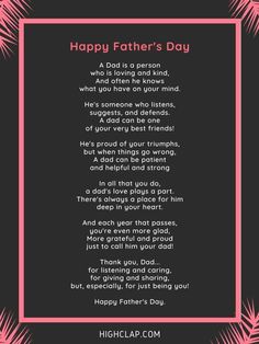 a father's day poem on a black background with pink frame and palm leaves