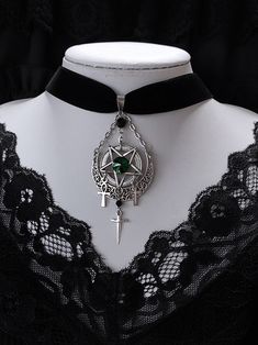 Embrace your dark, gothic style with our original pentagram choker. This velvet choker features a striking pentagram design with a crescent moon and sword, adding a touch of punk edge to your look. Perfect for those who love the gothic aesthetic, this choker is a statement piece that exudes mystery and allure.   Please note that this product includes only the choker. Garment Size SizeFree SizeLength30+5Width2 Silver Gothic Choker For Cosplay, Pentagram Choker, Pentagram Design, Steampunk Fashion Male, Gothic Chokers, Black Punks, Tie Necklace, Steampunk Accessories, Gothic Accessories